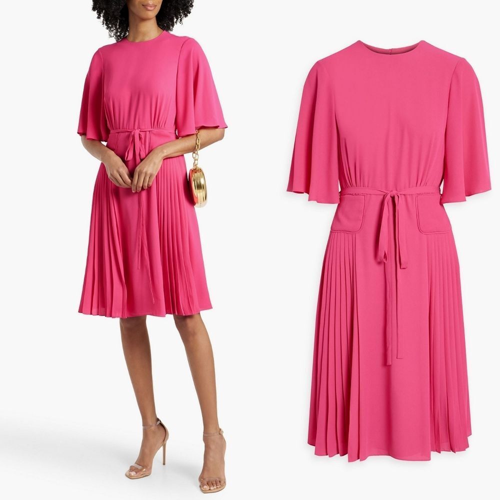 Mikael Aghal Pleated Silky Crepe Pocket Flutter Sleeve Midi Dress in Fuchsia 8